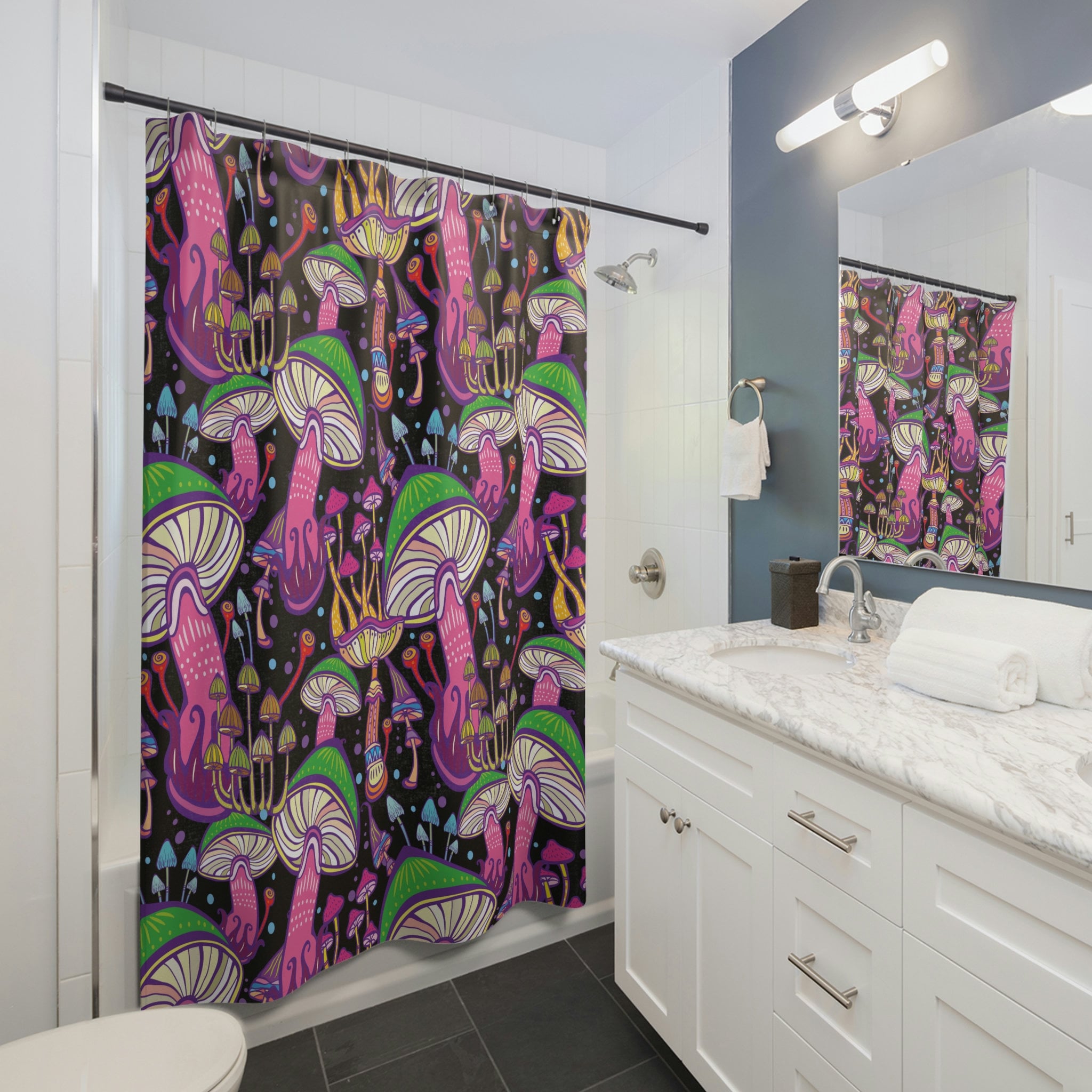 Fun and Quirky Super Mushrooms Shower Curtain - Waterproof and Durable Fabric with Inviting Print