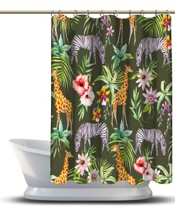 Fun and Refreshing Shower Curtain with Multidimensional Zebra, Giraffe and Flowers Forest Print in Green 
