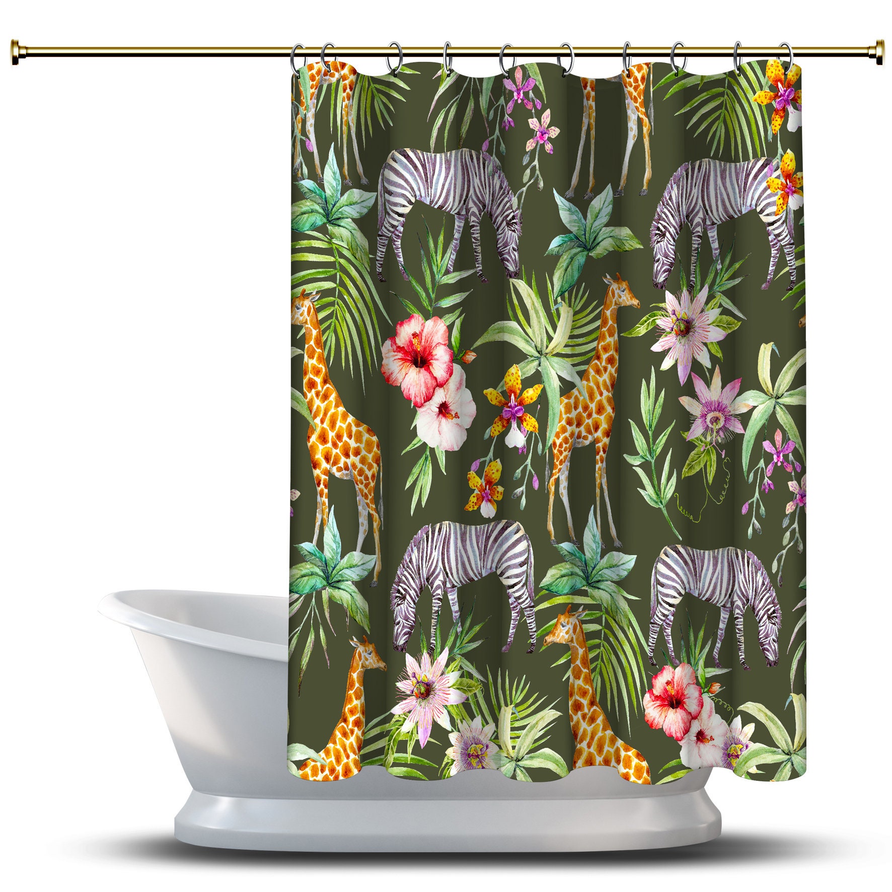 Fun and Refreshing Shower Curtain with Multidimensional Zebra, Giraffe and Flowers Forest Print in Green