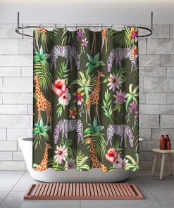 Fun and Refreshing Shower Curtain with Multidimensional Zebra, Giraffe and Flowers Forest Print in Green