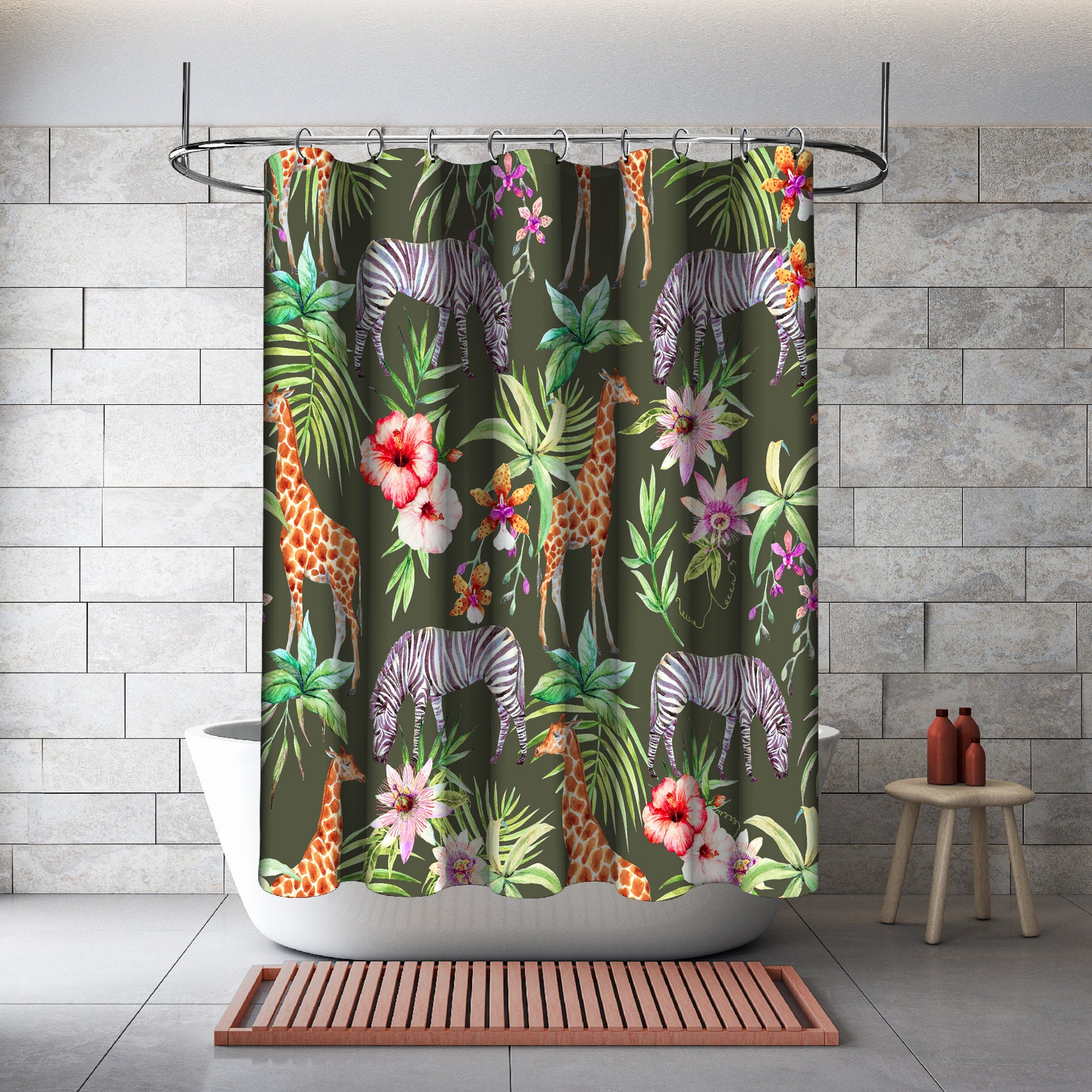 Fun and Refreshing Shower Curtain with Multidimensional Zebra, Giraffe and Flowers Forest Print in Green