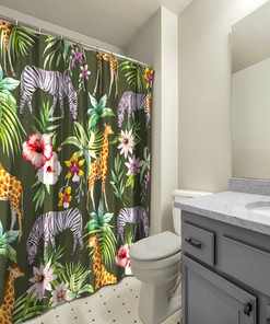 Fun and Refreshing Shower Curtain with Multidimensional Zebra, Giraffe and Flowers Forest Print in Green