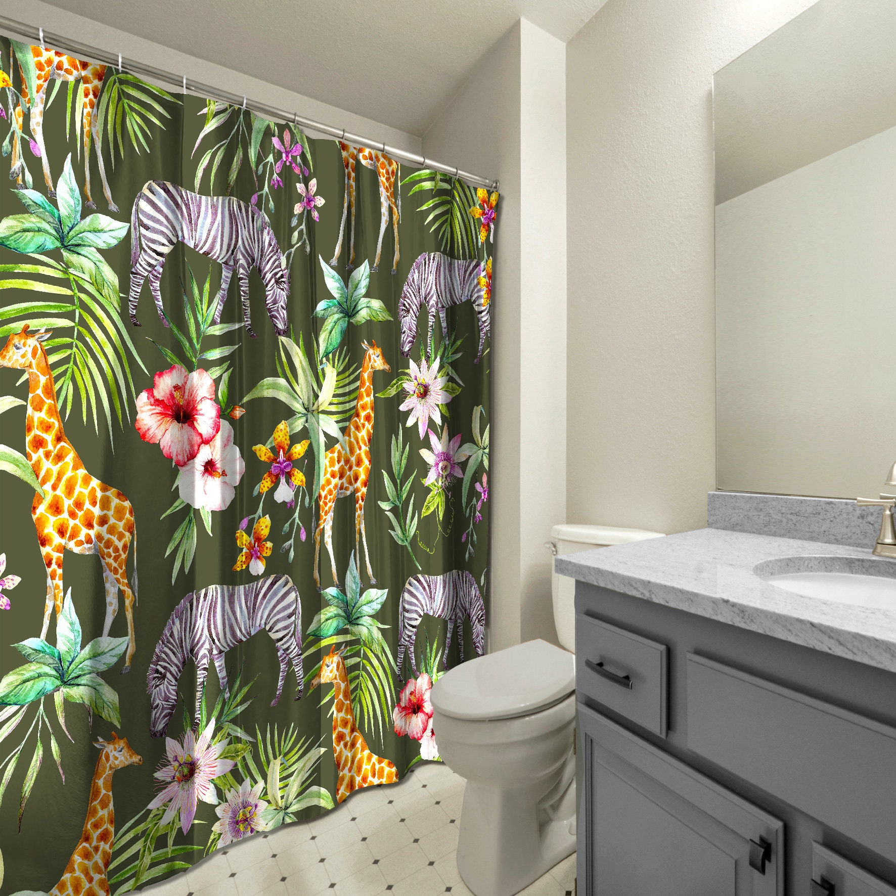 Fun and Refreshing Shower Curtain with Multidimensional Zebra, Giraffe and Flowers Forest Print in Green