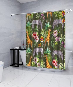Fun and Refreshing Shower Curtain with Multidimensional Zebra, Giraffe and Flowers Forest Print in Green