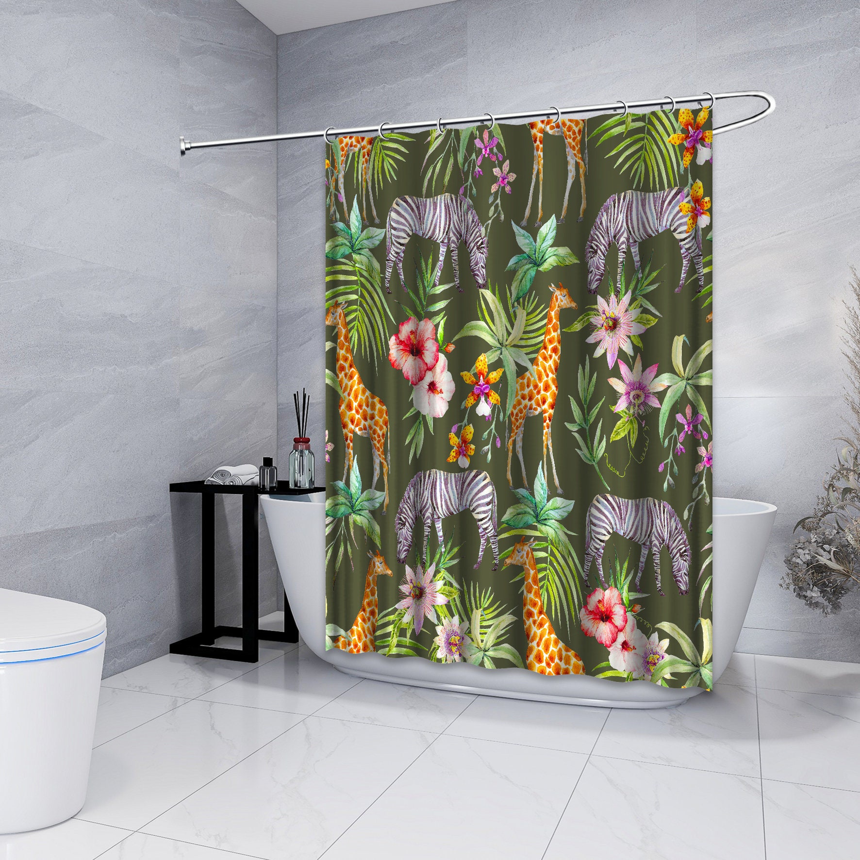 Fun and Refreshing Shower Curtain with Multidimensional Zebra, Giraffe and Flowers Forest Print in Green