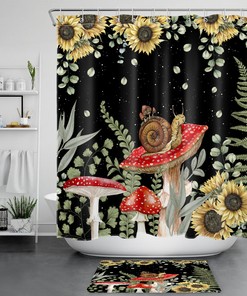 Fun and Tropical Sunflower and Mushroom Black Shower Curtain for Bathroom Decor