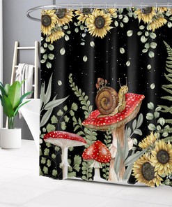 Fun and Tropical Sunflower and Mushroom Black Shower Curtain for Bathroom Decor