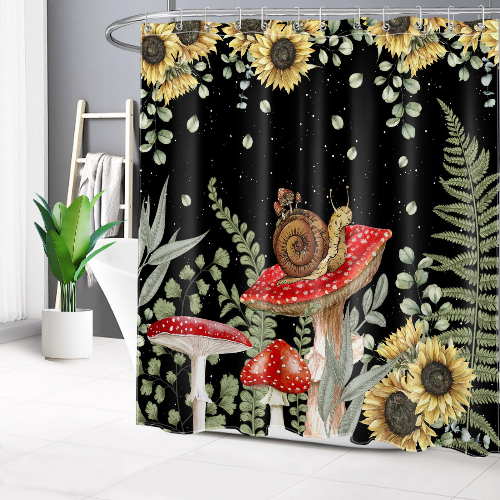 Fun and Tropical Sunflower and Mushroom Black Shower Curtain for Bathroom Decor
