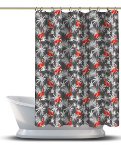 Fun and Whimsical Gray Flamingo with Palm Leaves Print Shower Curtain