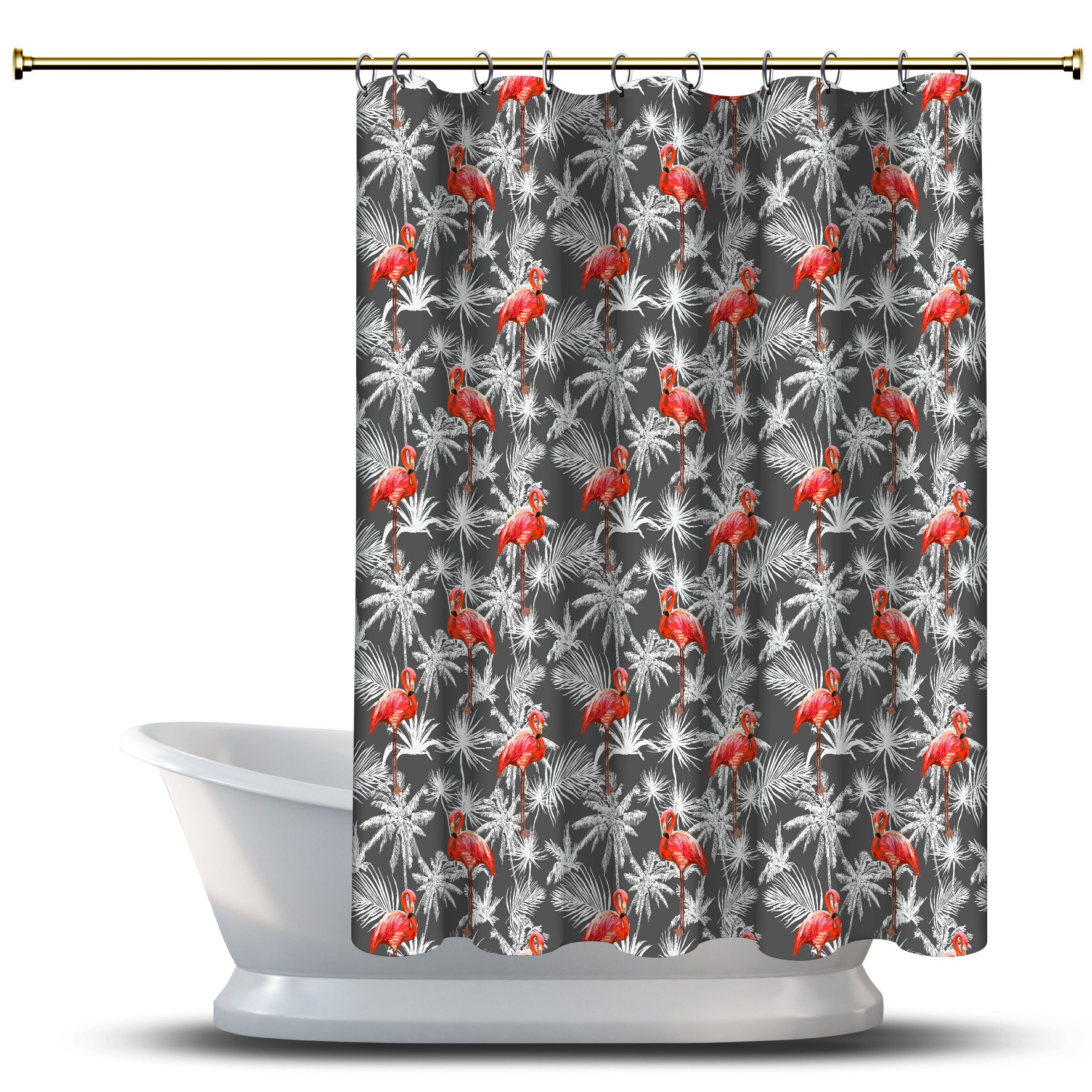 Fun and Whimsical Gray Flamingo with Palm Leaves Print Shower Curtain