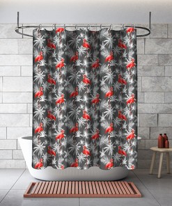 Fun and Whimsical Gray Flamingo with Palm Leaves Print Shower Curtain