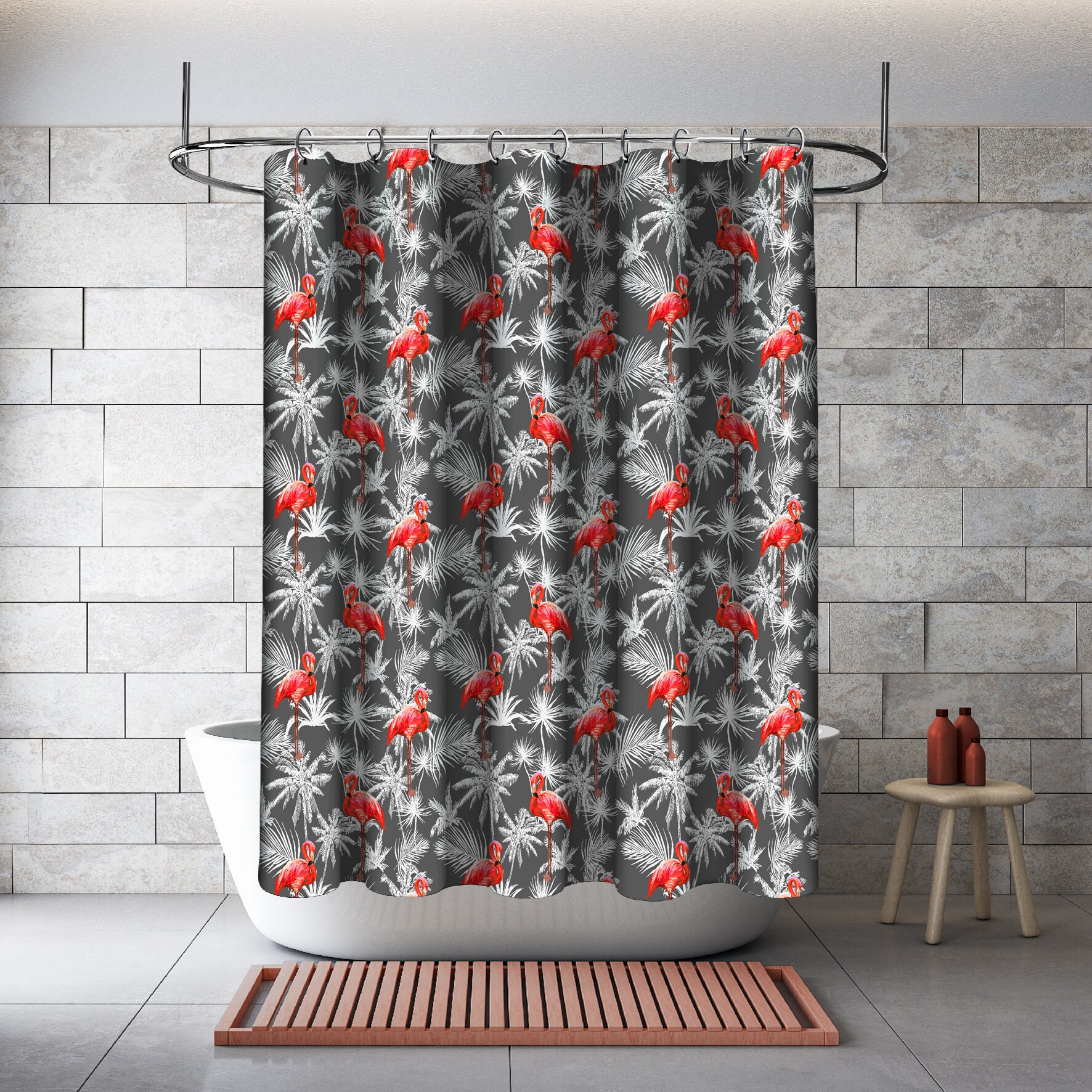 Fun and Whimsical Gray Flamingo with Palm Leaves Print Shower Curtain