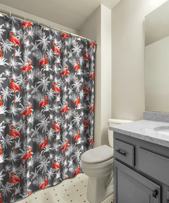 Fun and Whimsical Gray Flamingo with Palm Leaves Print Shower Curtain