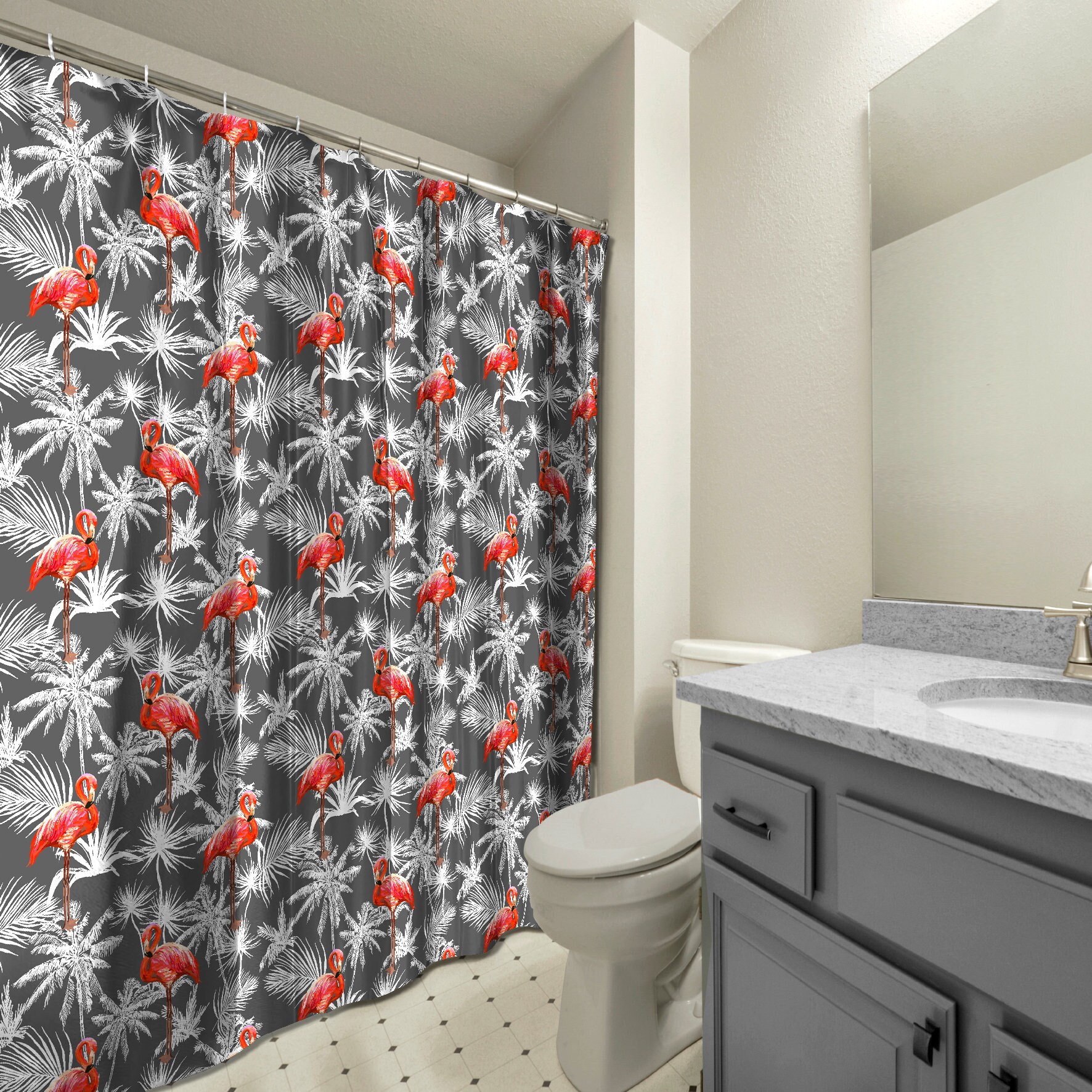 Fun and Whimsical Gray Flamingo with Palm Leaves Print Shower Curtain