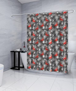 Fun and Whimsical Gray Flamingo with Palm Leaves Print Shower Curtain