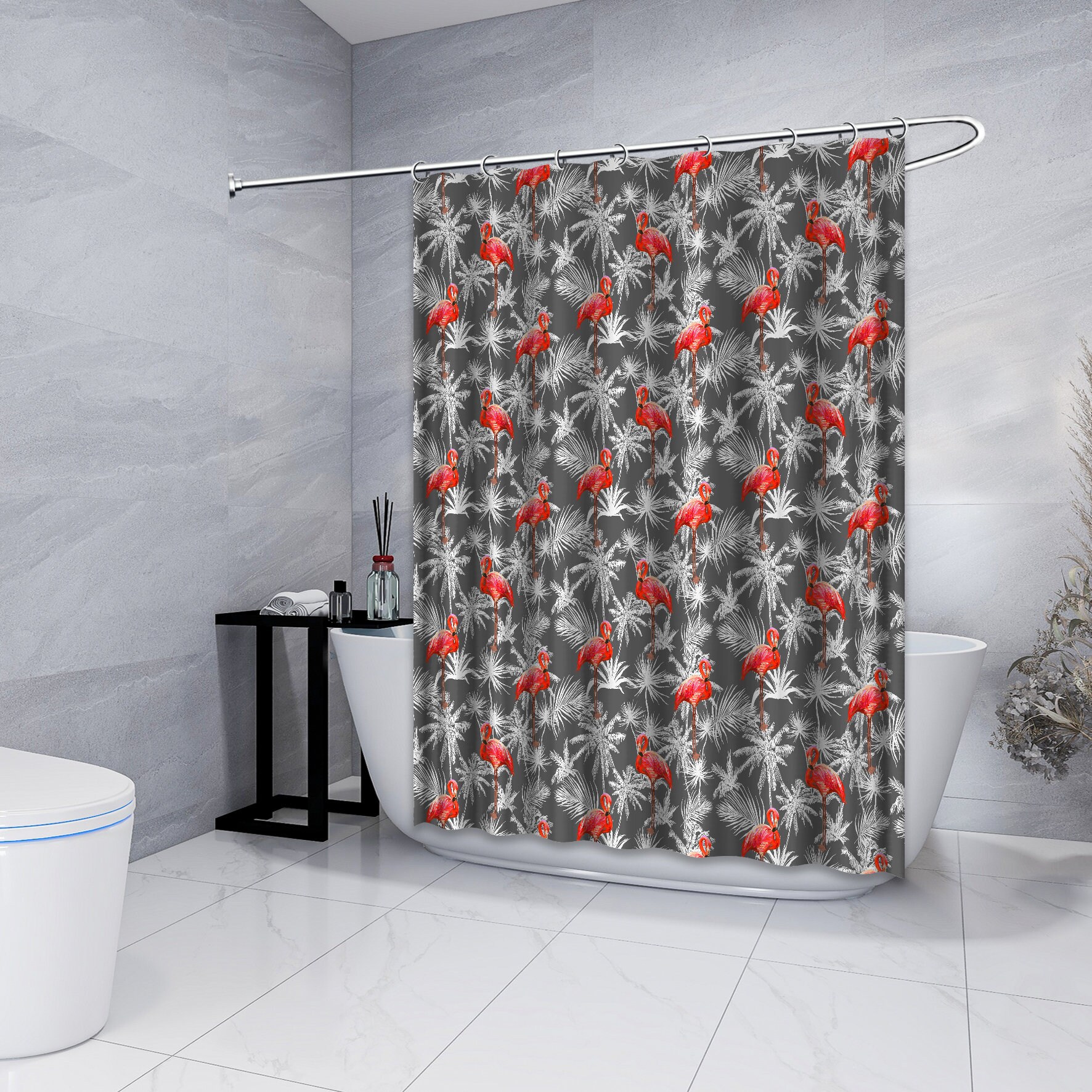 Fun and Whimsical Gray Flamingo with Palm Leaves Print Shower Curtain