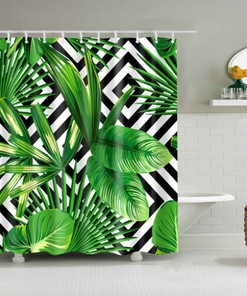 Functional and Stylish Palm Leaf Waterproof Shower Curtain with Multi-Size Bathroom Hooks