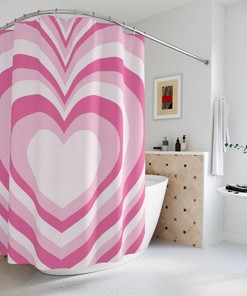 Funky 90S Pink Hearts And Burst Trendy Shower Curtain, Retro Bathroom Decor