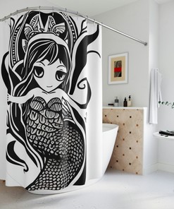 Funky Black and White Mermaid Art Shower Curtain - Abstract Art Design Print for Modern Bathroom Decor 