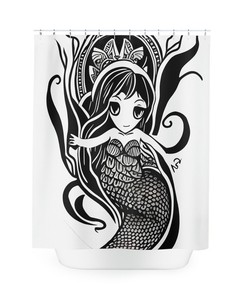 Funky Black and White Mermaid Art Shower Curtain - Abstract Art Design Print for Modern Bathroom Decor