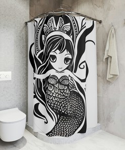 Funky Black and White Mermaid Art Shower Curtain - Abstract Art Design Print for Modern Bathroom Decor 