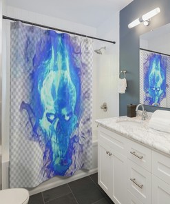 Funky Blue Flaming Skull Shower Curtain For Creative Bathroom Decoration