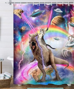 Funky Cat Riding Dinosaur Shower Curtain - A Unique And Fun Bathroom Look For Kids