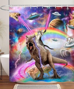 Funky Cat Riding Dinosaur Shower Curtain - A Unique And Fun Bathroom Look For Kids