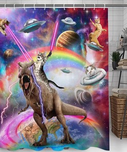 Funky Cat Riding Dinosaur Shower Curtain - A Unique And Fun Bathroom Look For Kids