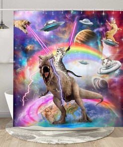 Funky Cat Riding Dinosaur Shower Curtain - A Unique And Fun Bathroom Look For Kids