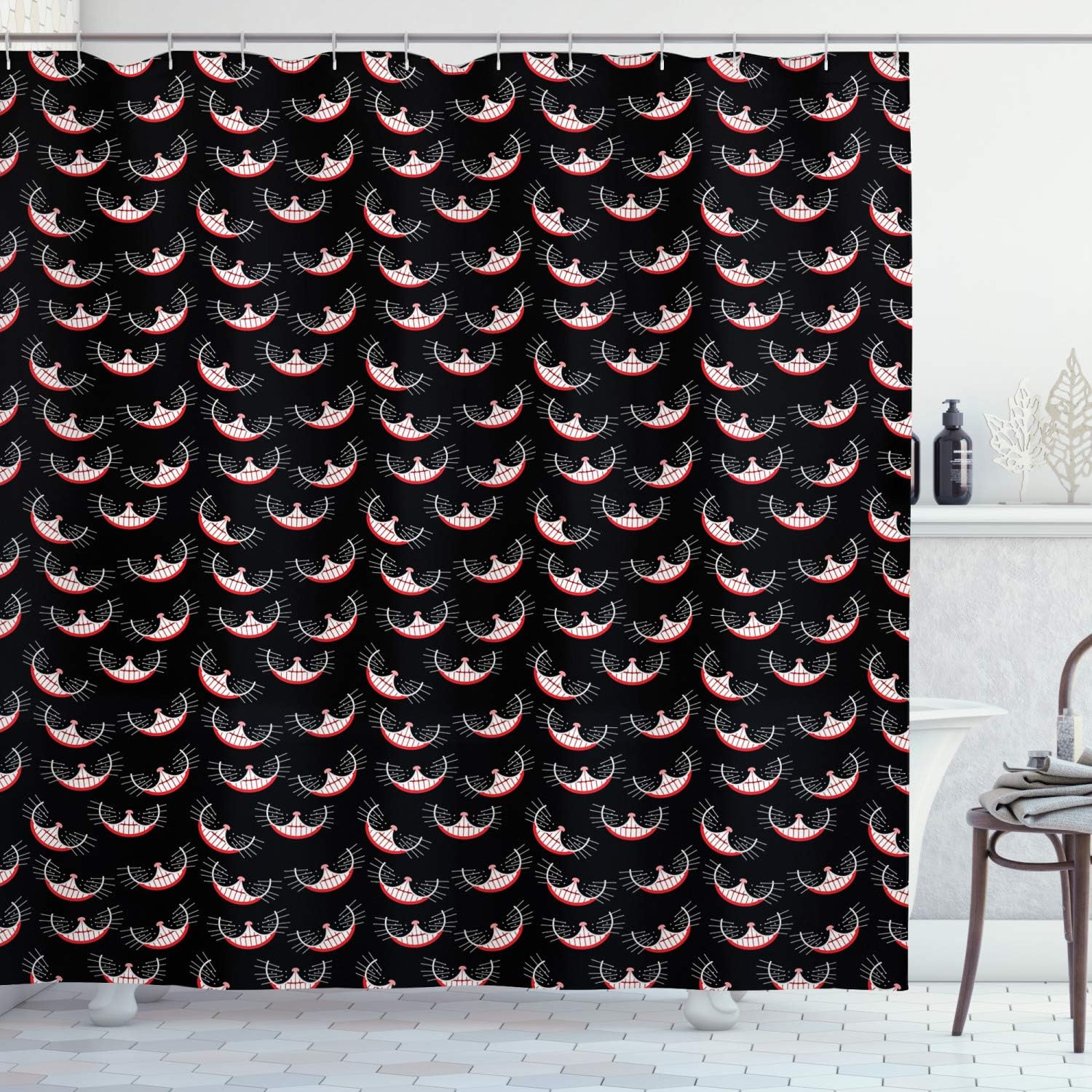 Funky Cheshire Cat Smiles Shower Curtain, Cloth Fabric Bathroom Decor in Charcoal Grey