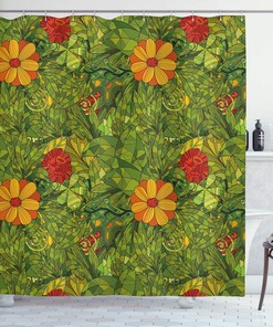 Funky Flower Foliage Bush With Retro Jungle Art Shower Curtain, Fractal Design Cloth Fabric Bathroom Decors