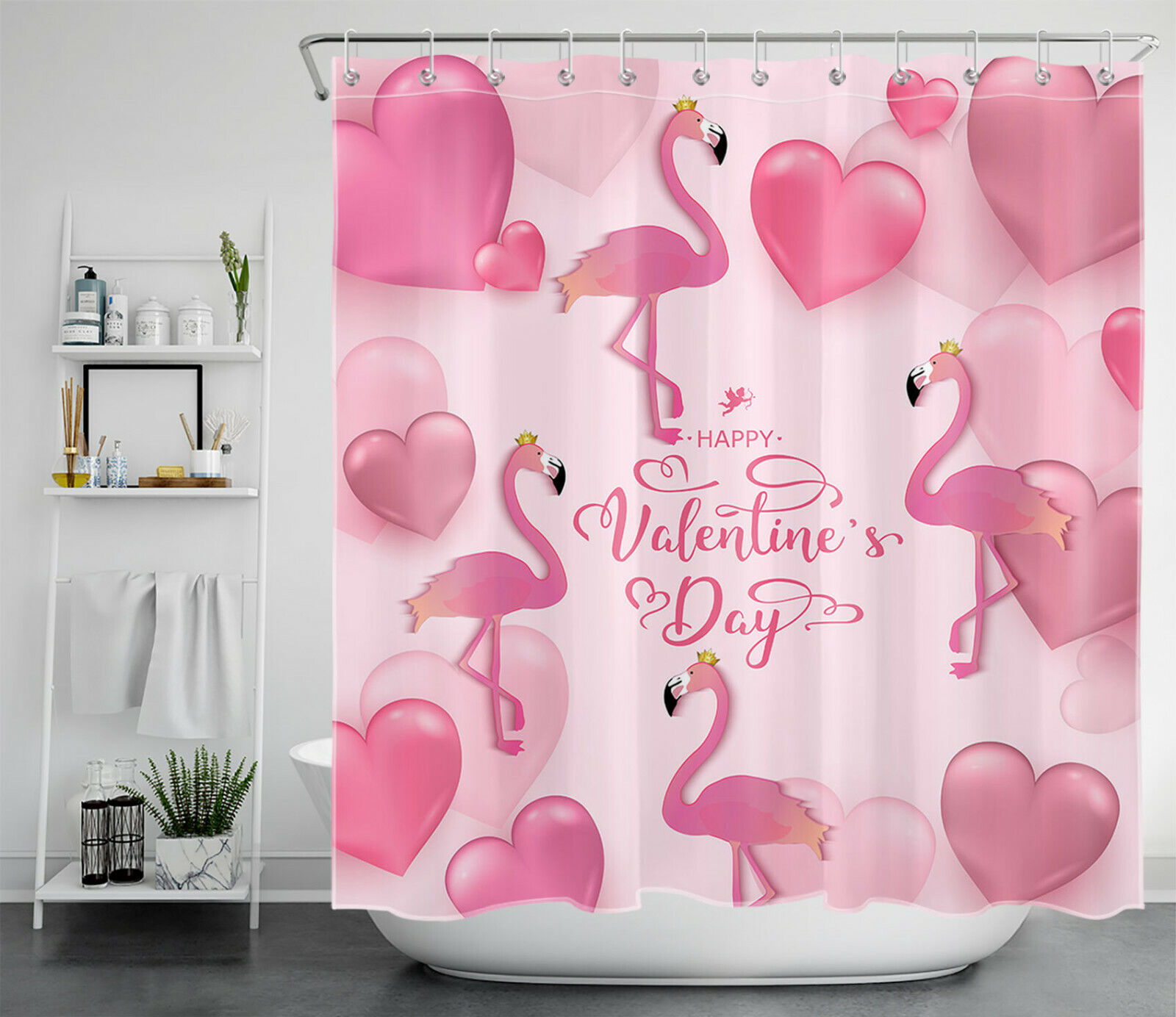 Funky Pink Heart Queen Flamingo Shower Curtain for Valentine's Day Bathroom Accessory