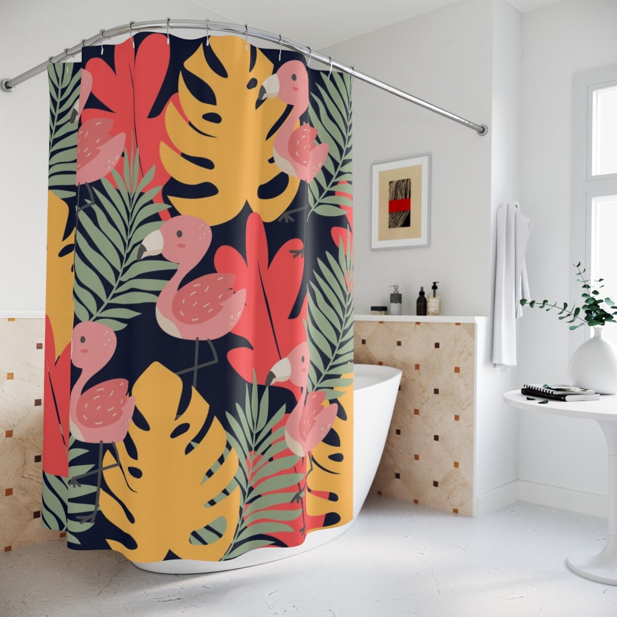 Funky Retro Flamingo Bathroom Cool Boho Shower Curtain