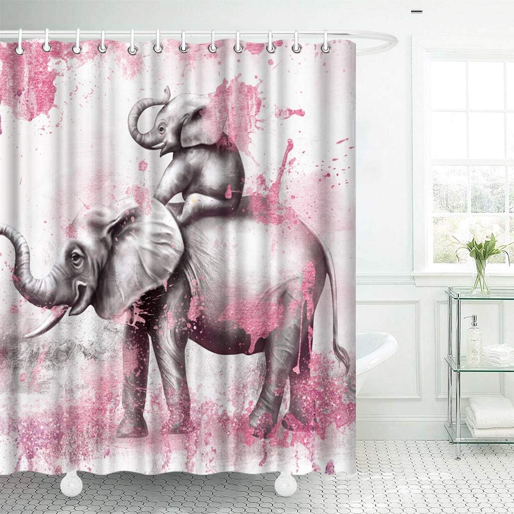 Funny African Elephant Shower Curtain with Wild Animal Love Design for Kids Bathroom