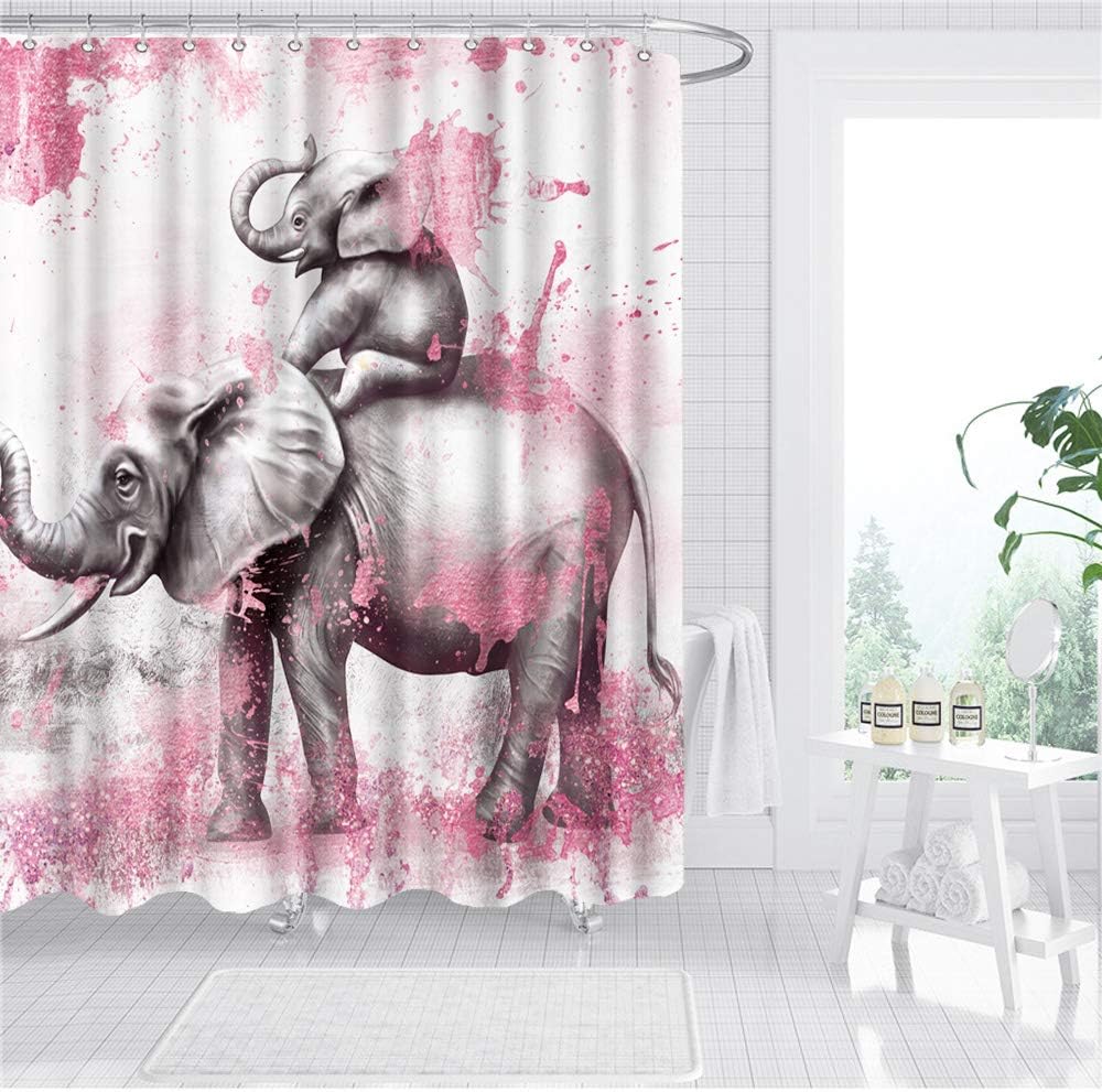 Funny African Elephant Shower Curtain with Wild Animal Love Design for Kids Bathroom
