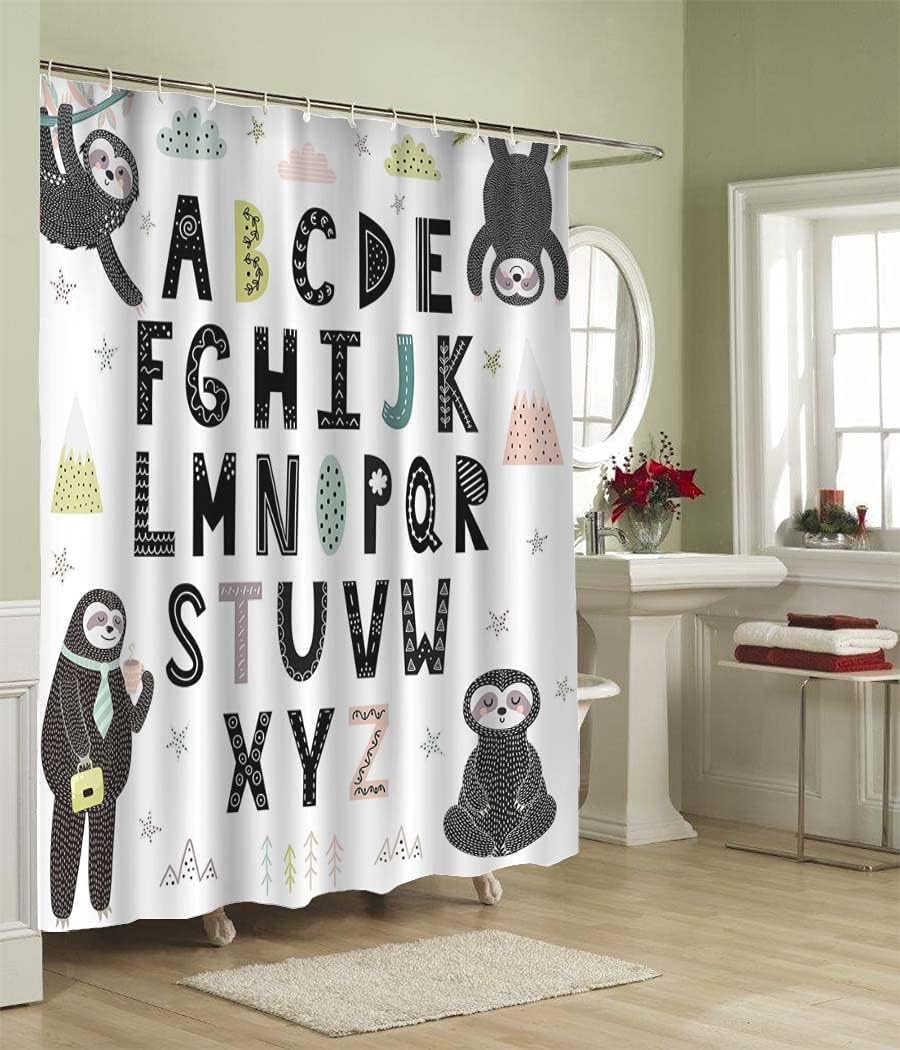 Funny Alphabet with Cute Sloths Sloth Shower Curtain for Bathroom Showers Decor Waterproof Fabric