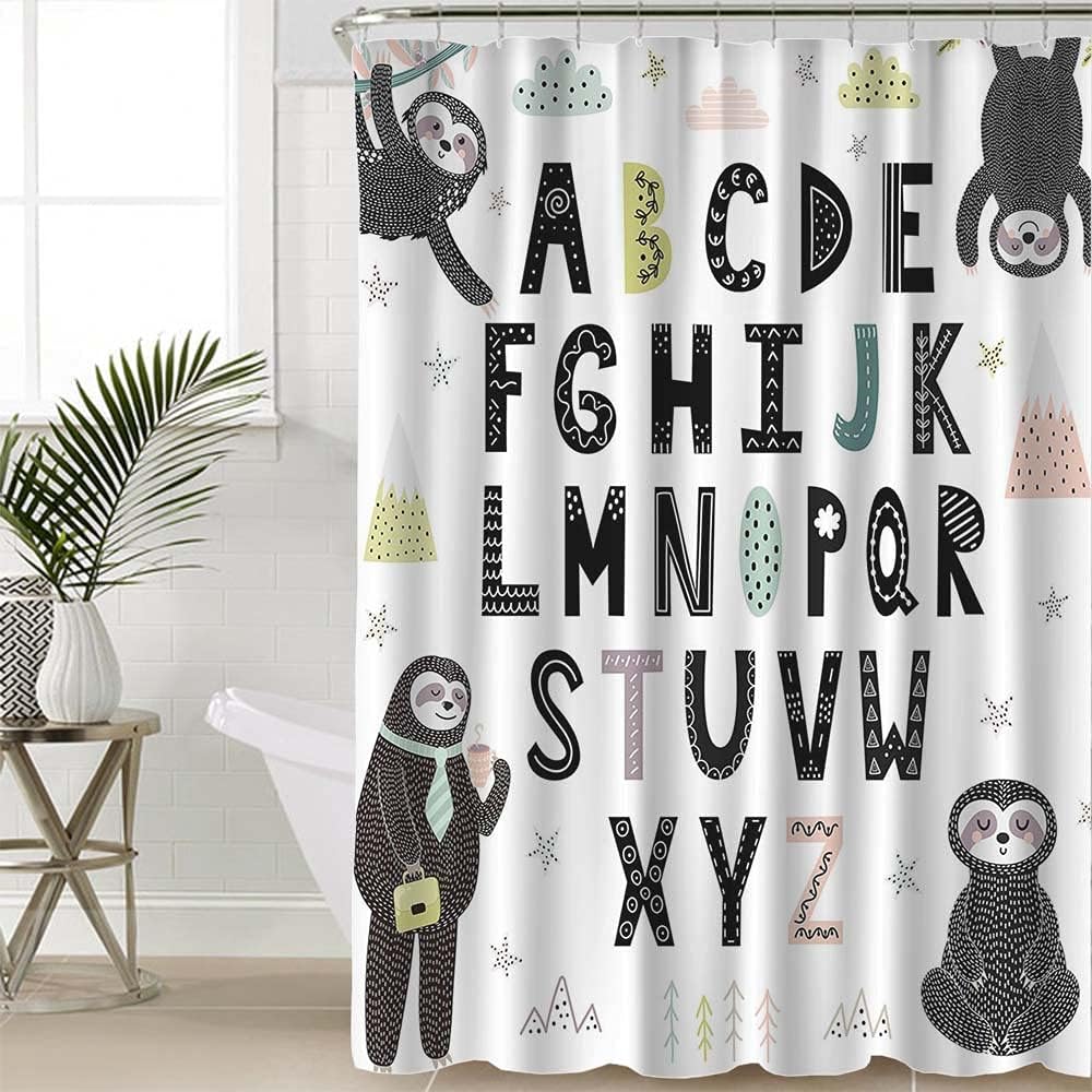 Funny Alphabet with Cute Sloths Sloth Shower Curtain for Bathroom Showers Decor Waterproof Fabric