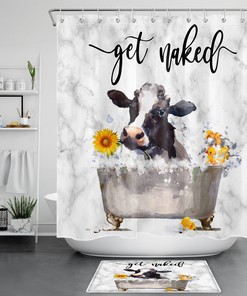 Funny Animal Cow Marble Texture Sunflower Shower Curtain for Bathroom Decor