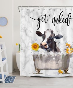 Funny Animal Cow Marble Texture Sunflower Shower Curtain for Bathroom Decor