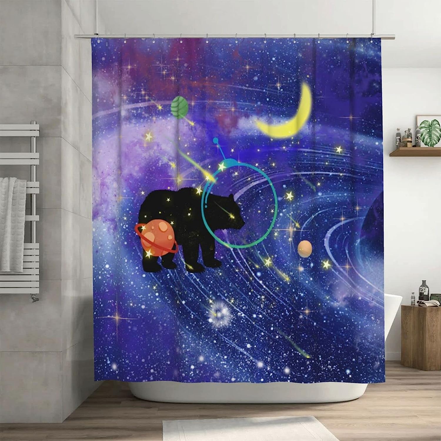 Funny Animal Planet Moon Bear Shower Curtain for a Playful Bathroom