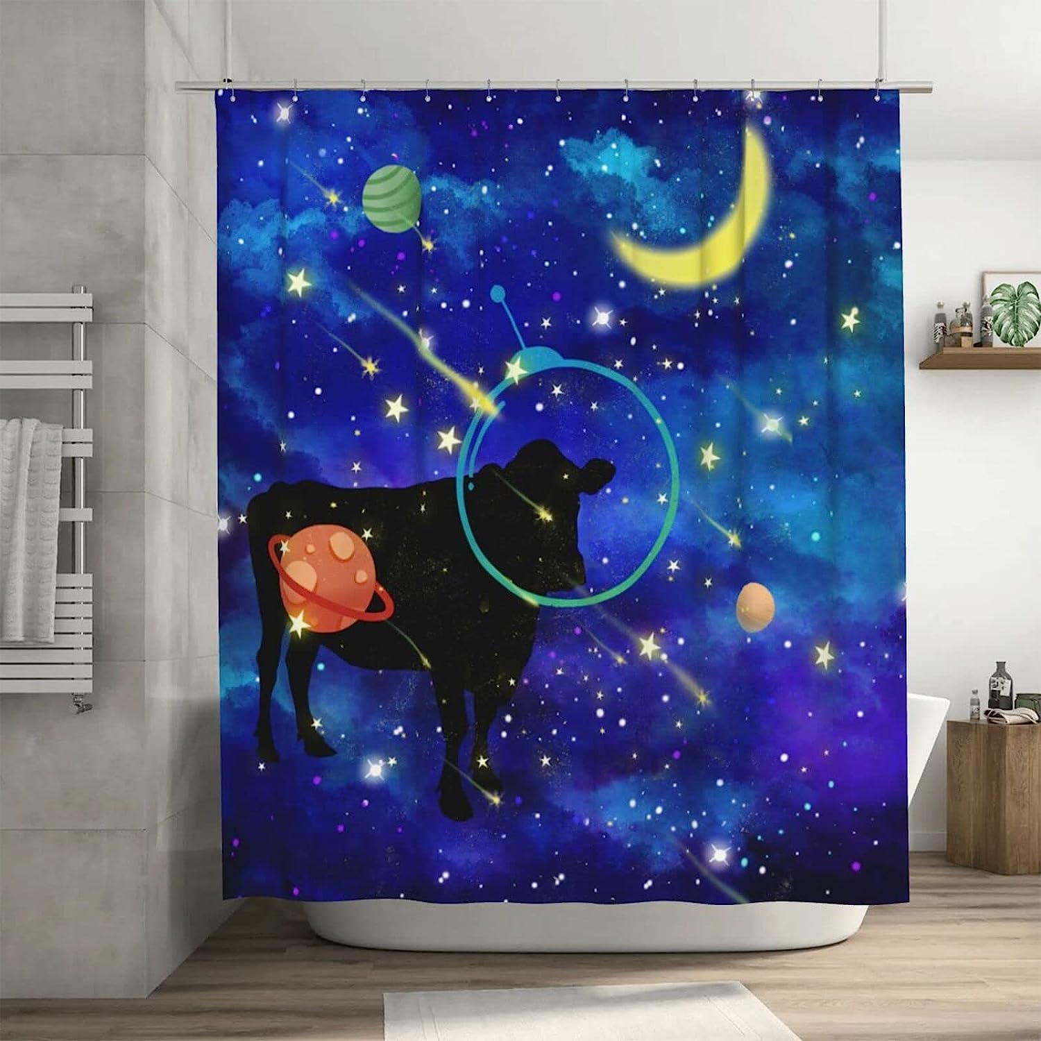 Funny Animal Planet Moon Cow Shower Curtain for a Whimsical Bathroom