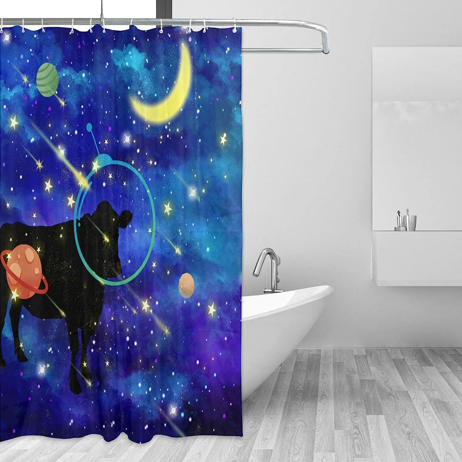 Funny Animal Planet Moon Cow Shower Curtain for a Whimsical Bathroom