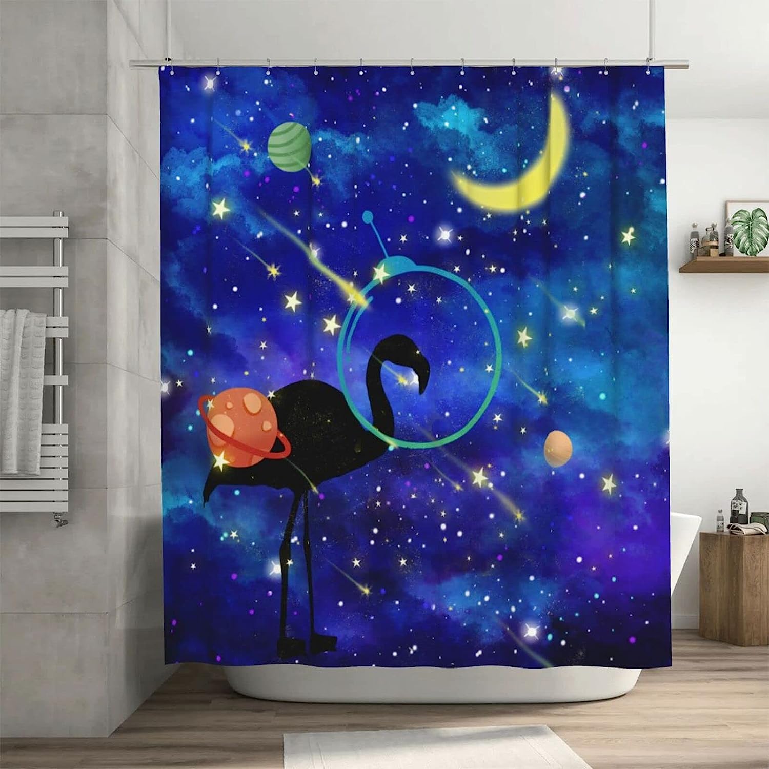 Funny Animal Planet Moon Flamingo Bird Decorative Shower Curtain for a Quirky Bathroom