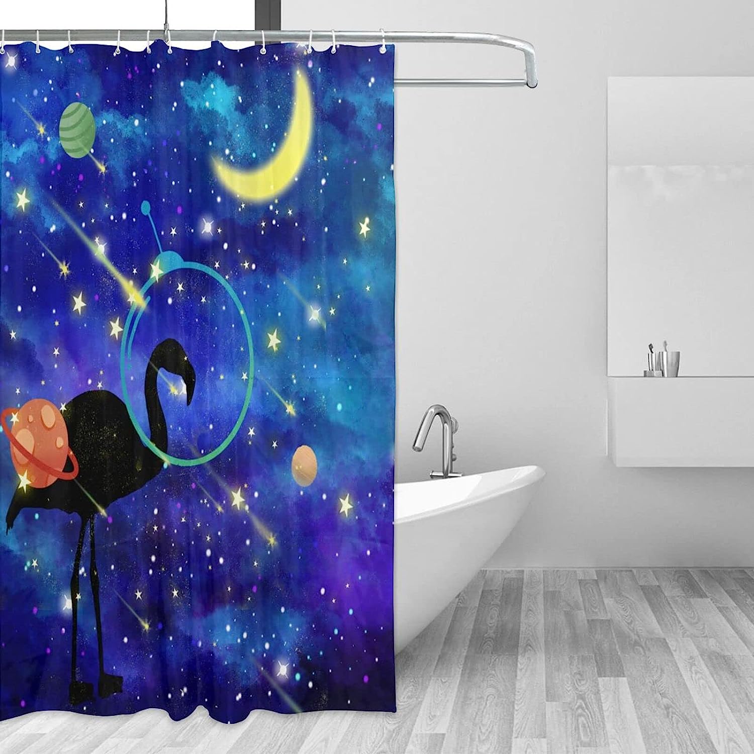 Funny Animal Planet Moon Flamingo Bird Decorative Shower Curtain for a Quirky Bathroom