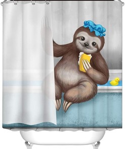 Funny Animal Showering Sloth in Bathing Cap and Sponge Fabric Shower Curtain for Bathroom Decor