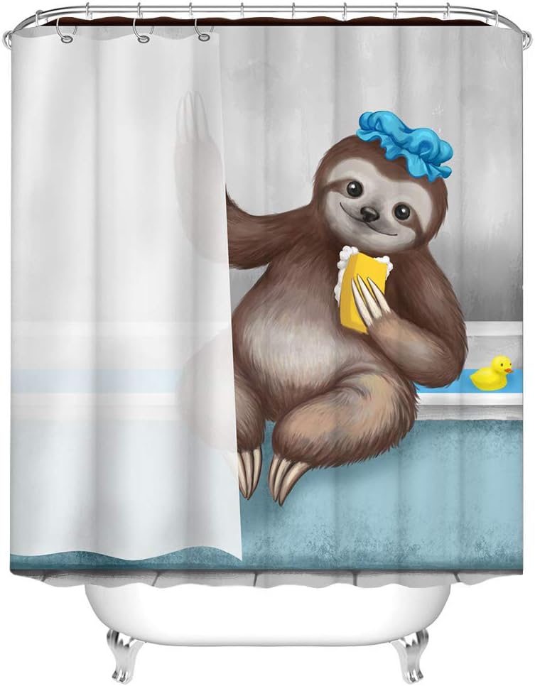 Funny Animal Showering Sloth in Bathing Cap and Sponge Fabric Shower Curtain for Bathroom Decor