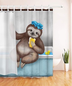 Funny Animal Showering Sloth in Bathing Cap and Sponge Fabric Shower Curtain for Bathroom Decor