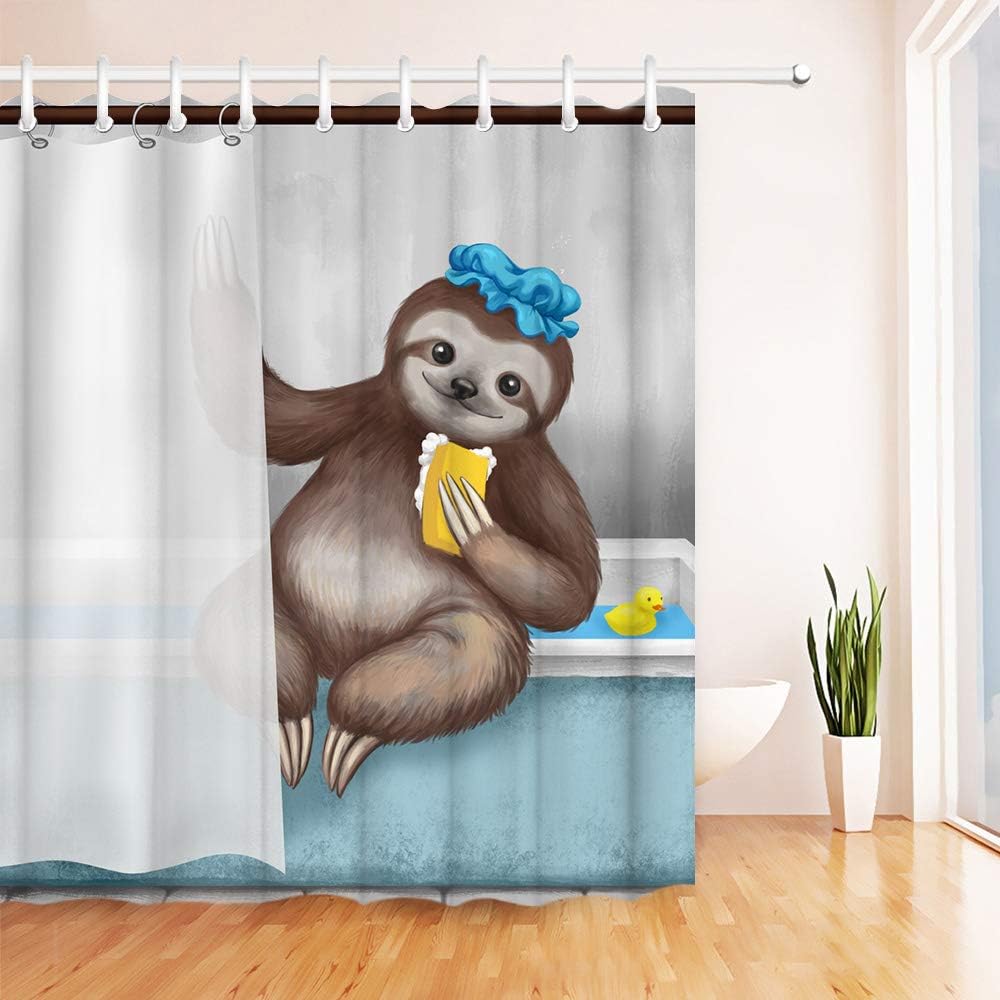 Funny Animal Showering Sloth in Bathing Cap and Sponge Fabric Shower Curtain for Bathroom Decor
