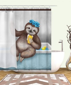 Funny Animal Showering Sloth in Bathing Cap and Sponge Fabric Shower Curtain for Bathroom Decor